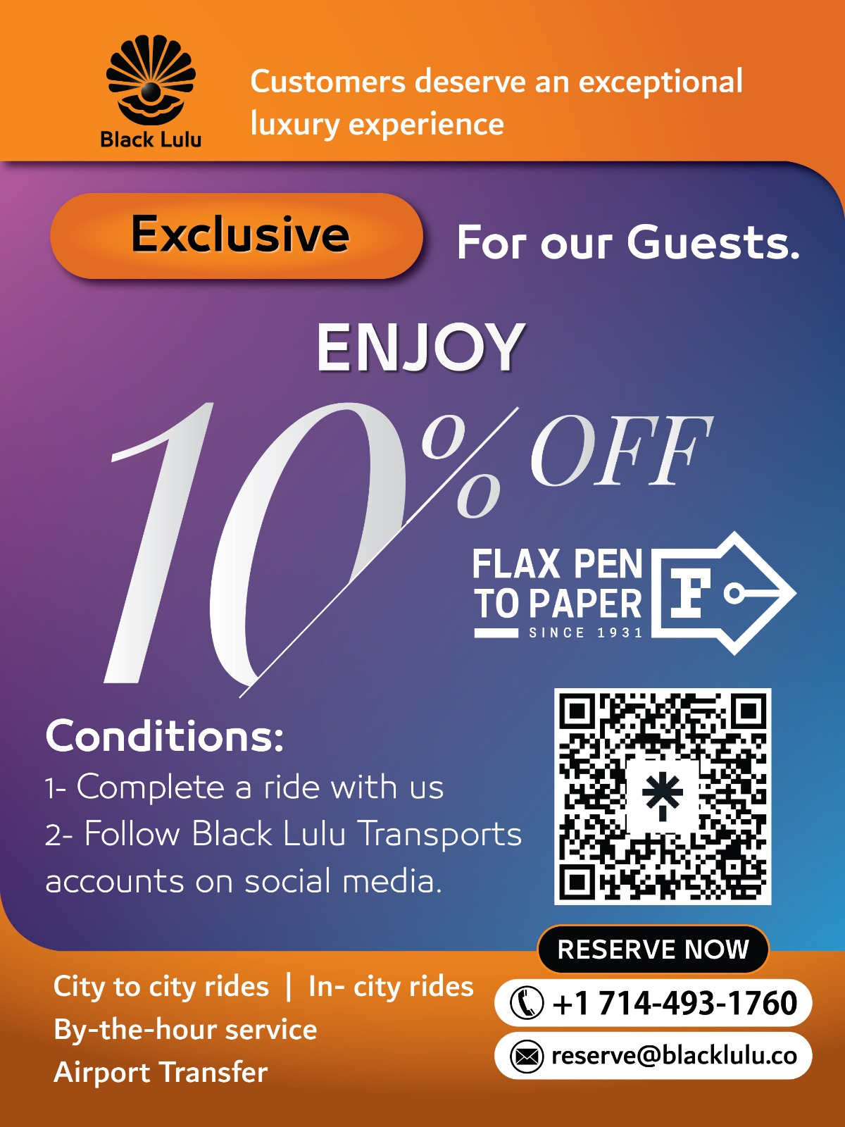 Exclusive 10% off for Black Lulu guests — complete a ride and follow us on social media